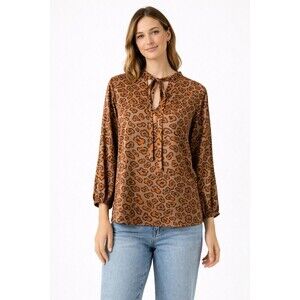 Tucker Womens Leopard Print Silk Blend Blouse Tie Neck Long Sleeve Small